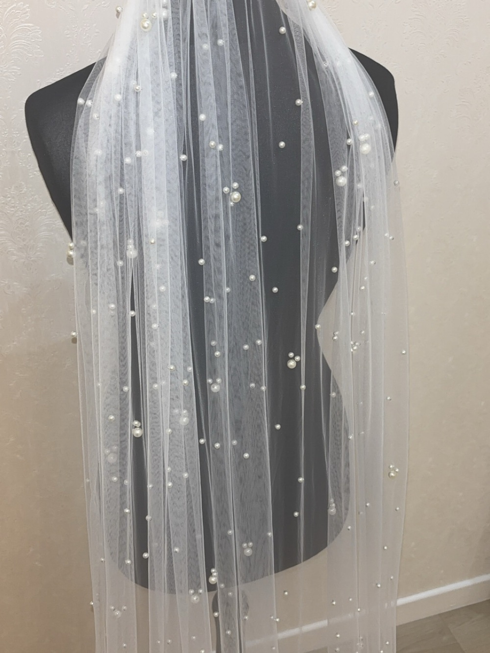 Pearl-Embellished White Bridal Veil